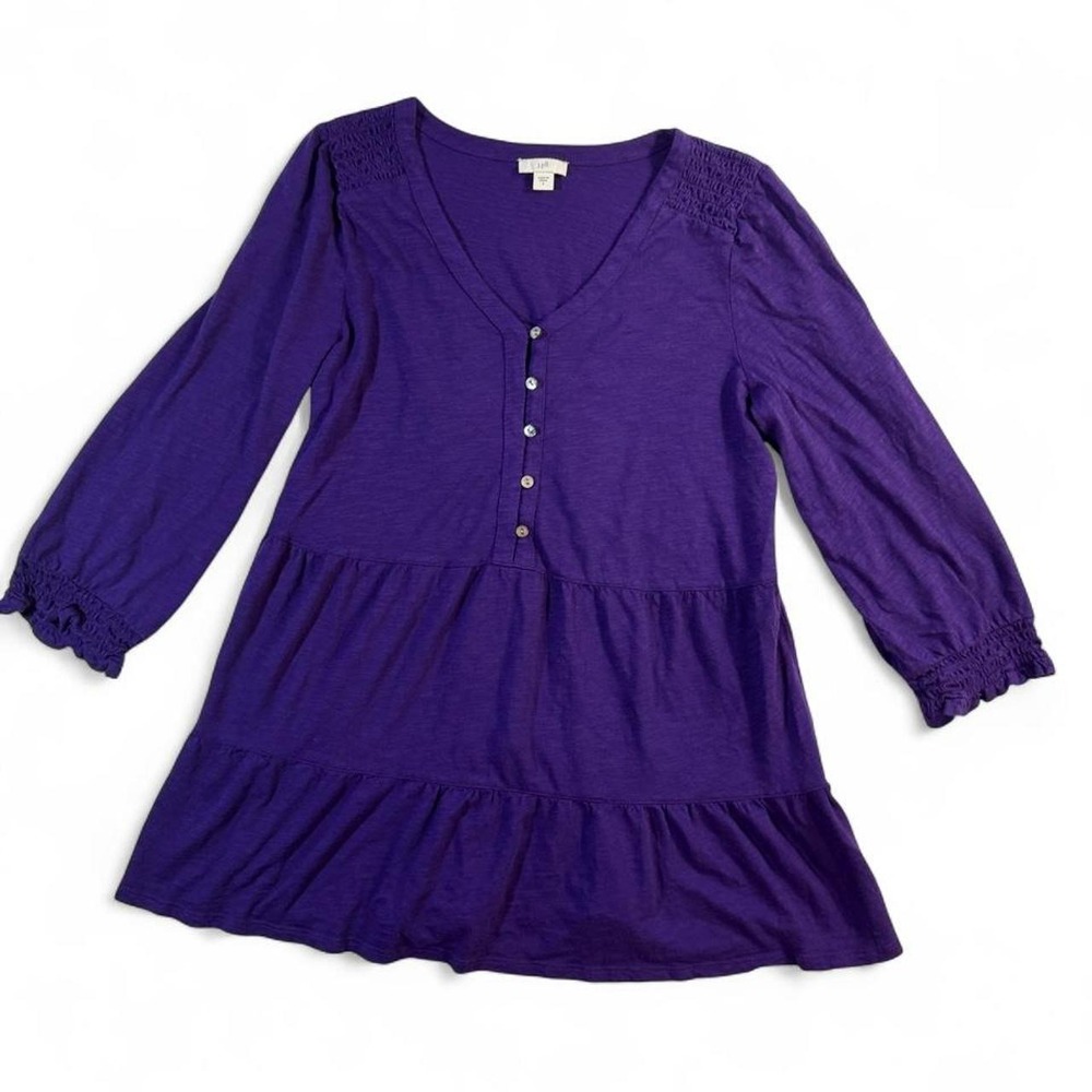 J.Jill Purple Ruched Sleeve Button Front Top Cotton Modal Boho Casual Soft